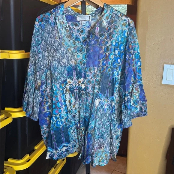 Johnny Was Workshop Klodi Ruffle Sleeve Blouse Sz 3X Blue Boho Print Cotton Top - Picture 6 of 10